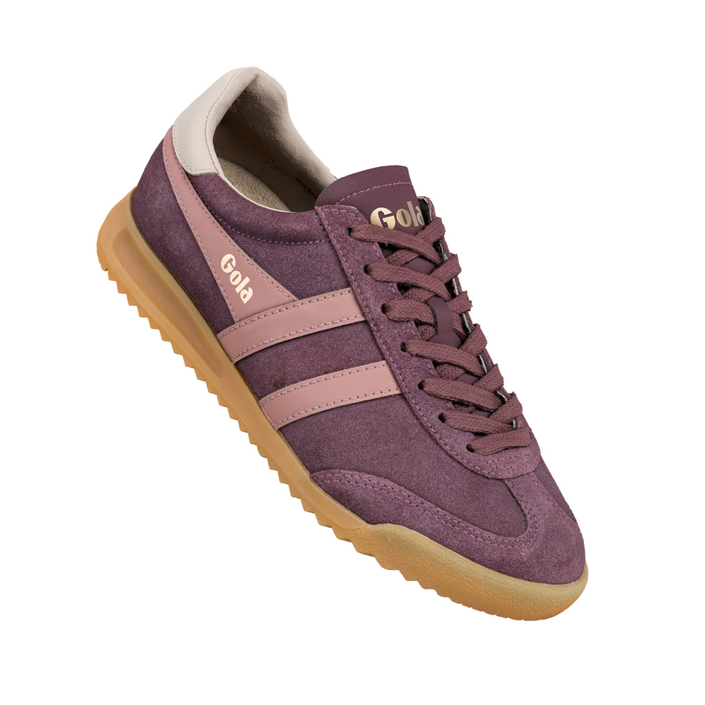 Plum suede Gola trainer with gum sole and side stripes