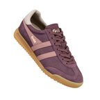 Plum suede Gola trainer with gum sole and side stripes