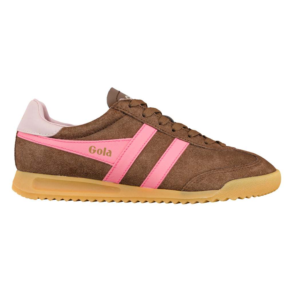 Brown suede Gola trainer with pink side stripes and a gum sole