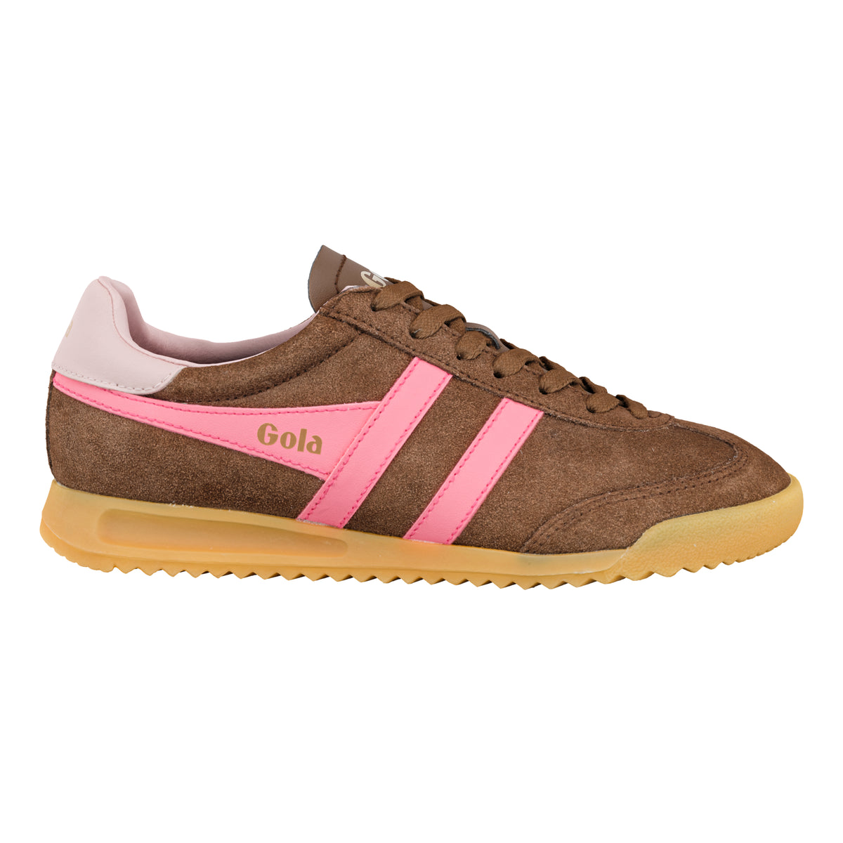 Gola Classics brown suede trainer with pink side stripes and gum sole