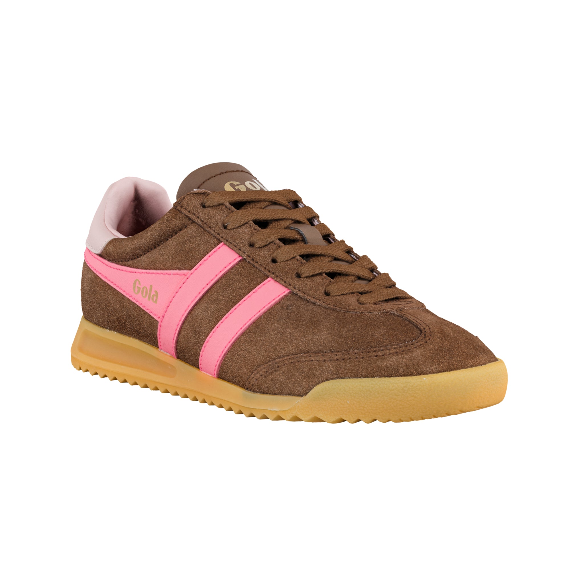 Brown suede Gola trainer with pink side stripes and a gum sole
