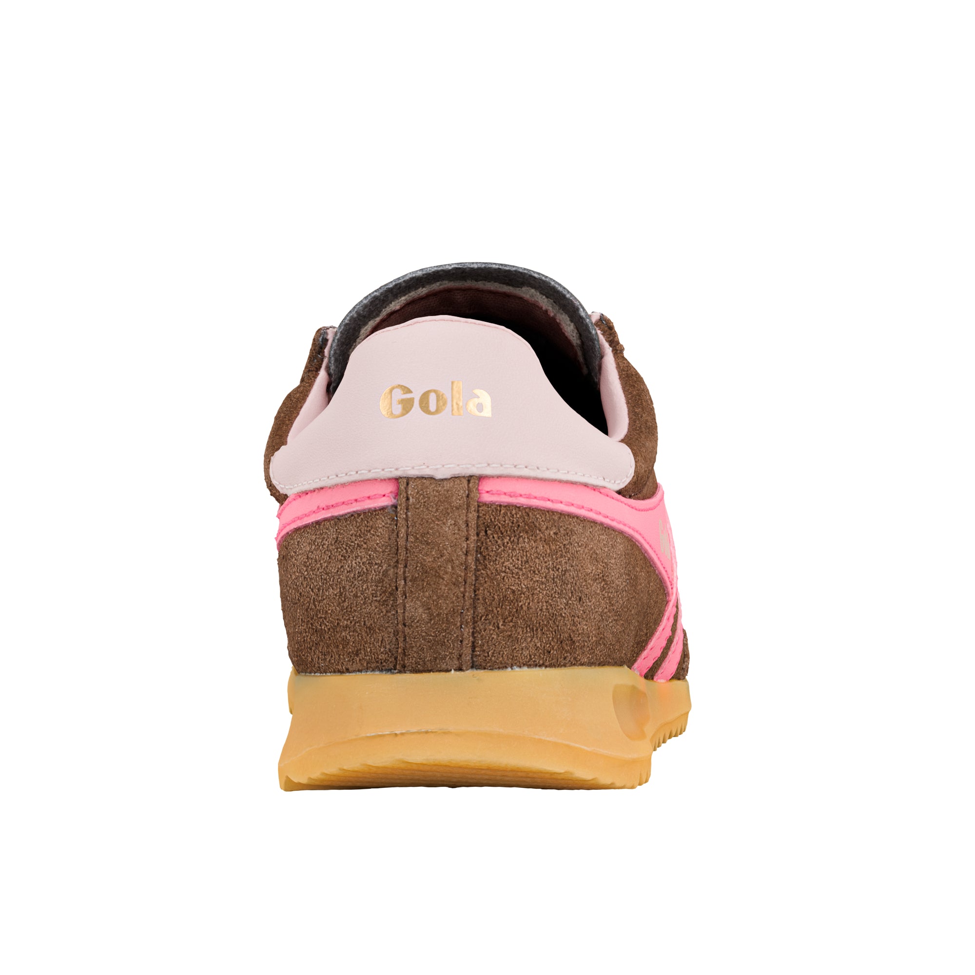 Rear view of a brown suede Gola trainer with pink trim and a gum sole