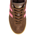 Brown suede Gola trainer with pink side stripes and gum sole