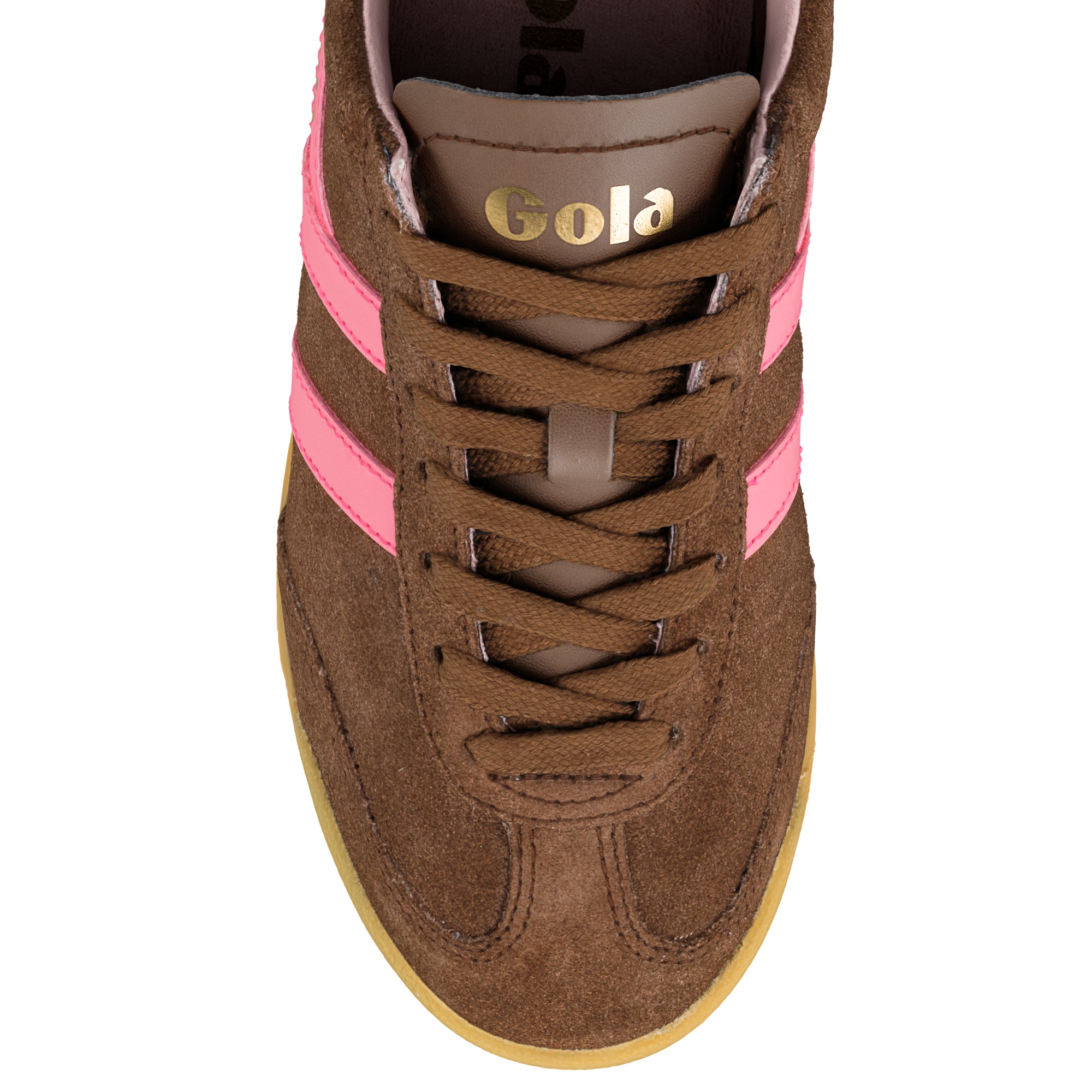 Brown suede Gola trainer with pink side stripes and gum sole