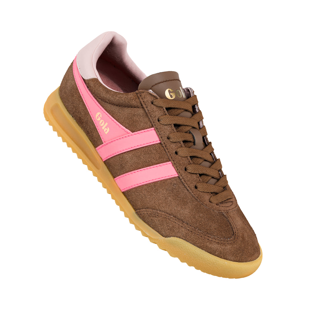 Brown suede Gola trainer with pink side stripes and gum sole