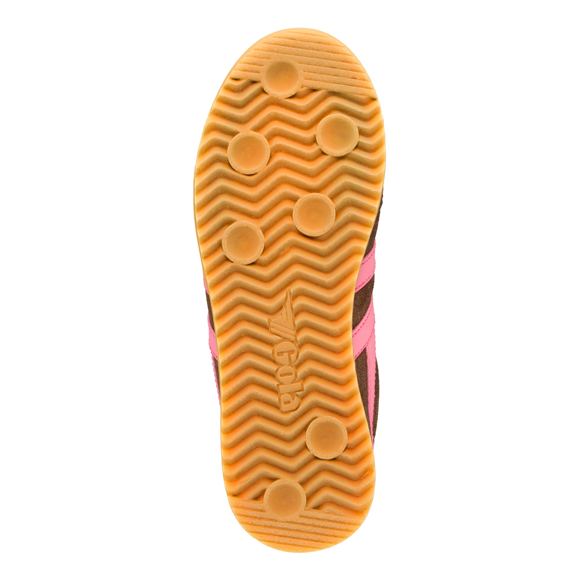 Brown and pink trainer sole with wavy tread pattern and Gola branding