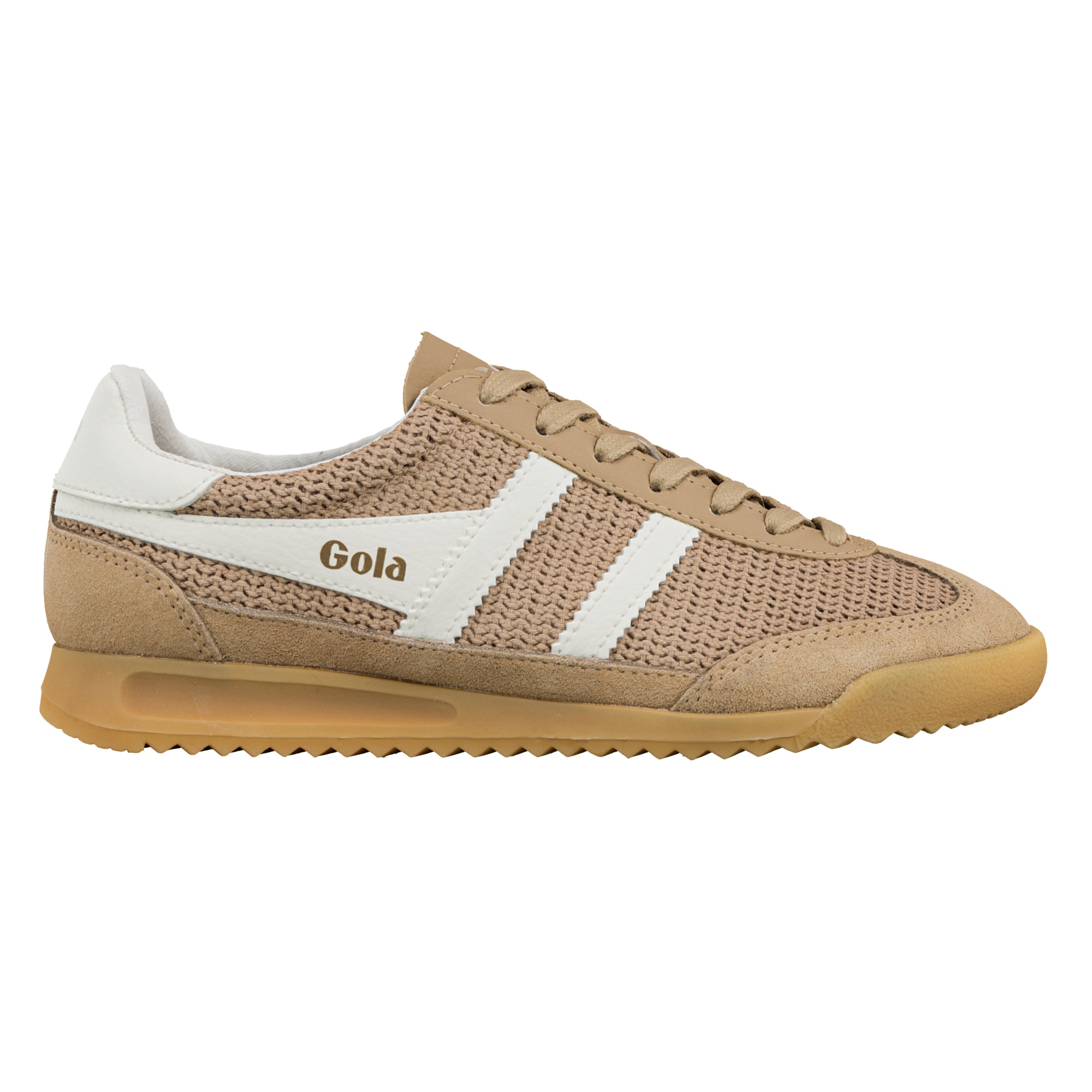 Beige knitted trainer with white side stripes and gum sole