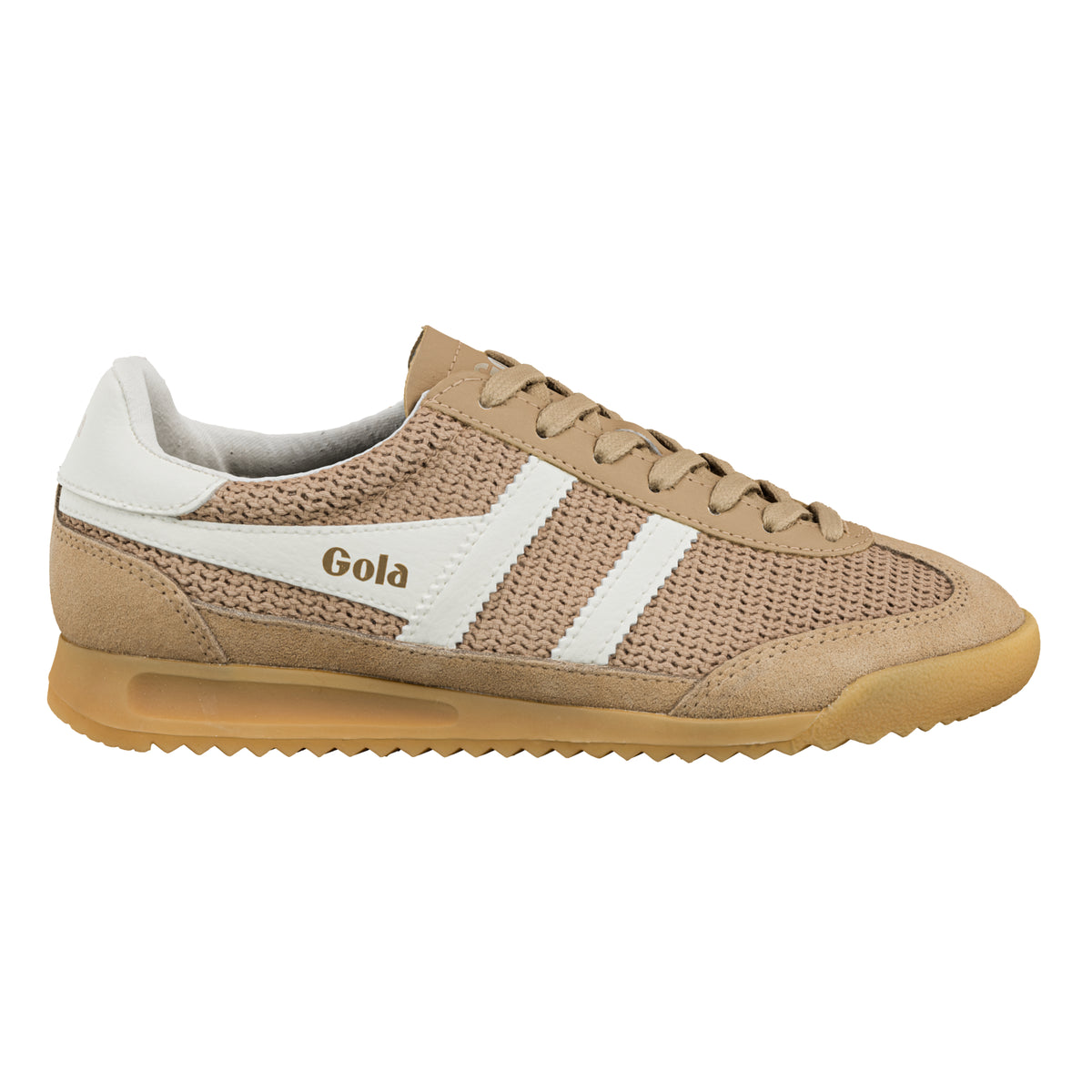 Gola Classics beige knitted trainer with white side stripes and gum sole