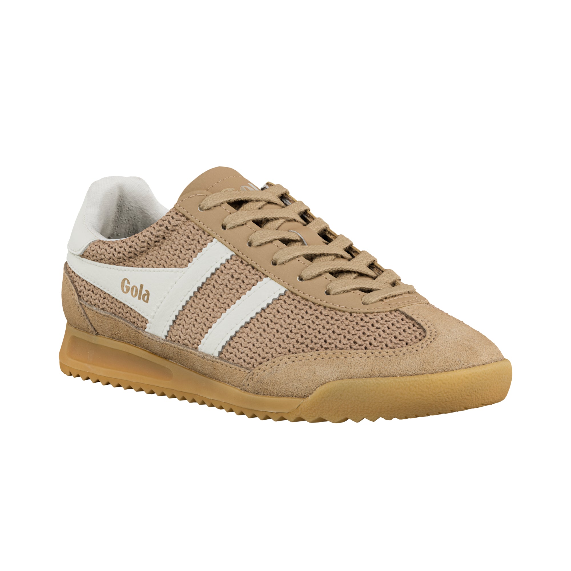 Beige knitted trainer with white side stripes and gum sole
