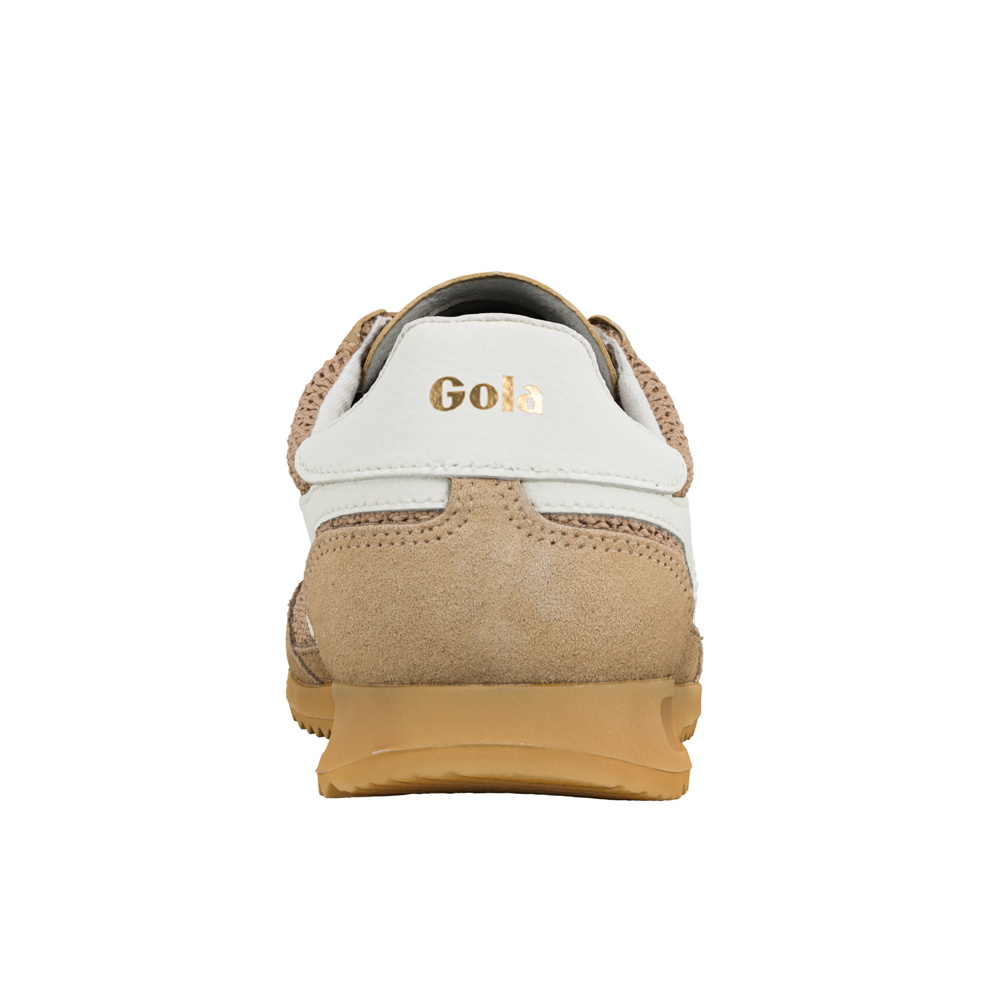 Rear view of a beige and white Gola trainer with a gum sole