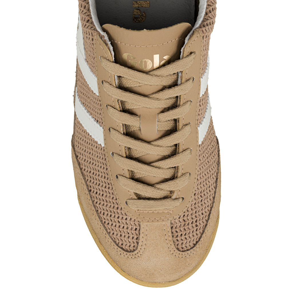 Top view of a beige Gola trainer with white side stripes and lace up fastening