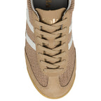 Top view of a beige Gola trainer with white side stripes and lace up fastening