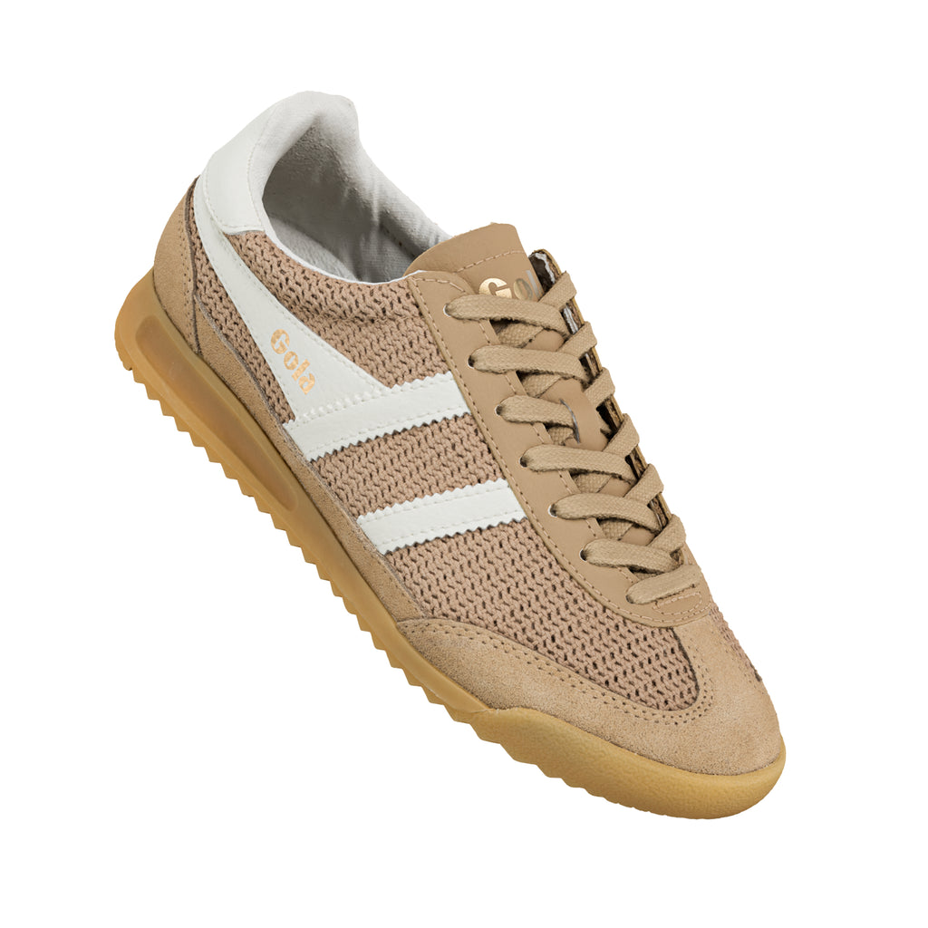 Beige Gola trainer with white side stripes and gum sole