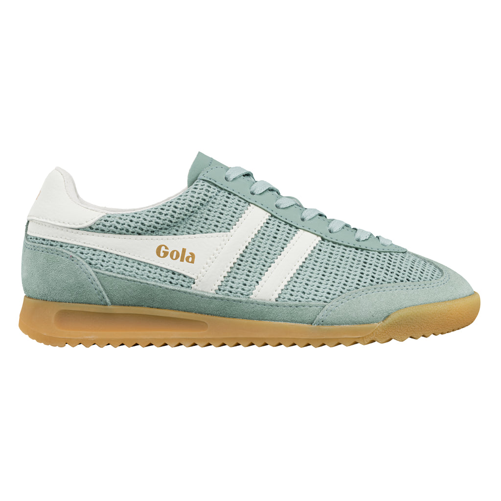 Sage green mesh trainer with white side stripes and a gum sole