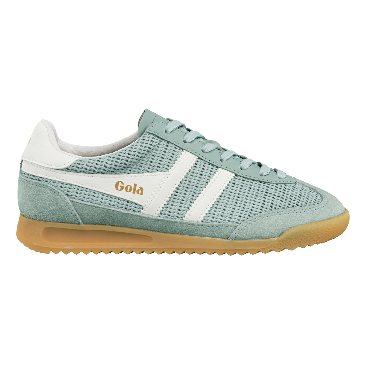 Gola Classics sage green mesh and suede trainer with white side stripes and gum sole