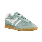 Sage green Gola trainer with white side stripes and gum rubber sole