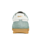 Rear view of a sage green suede trainer with a white heel tab and gum sole