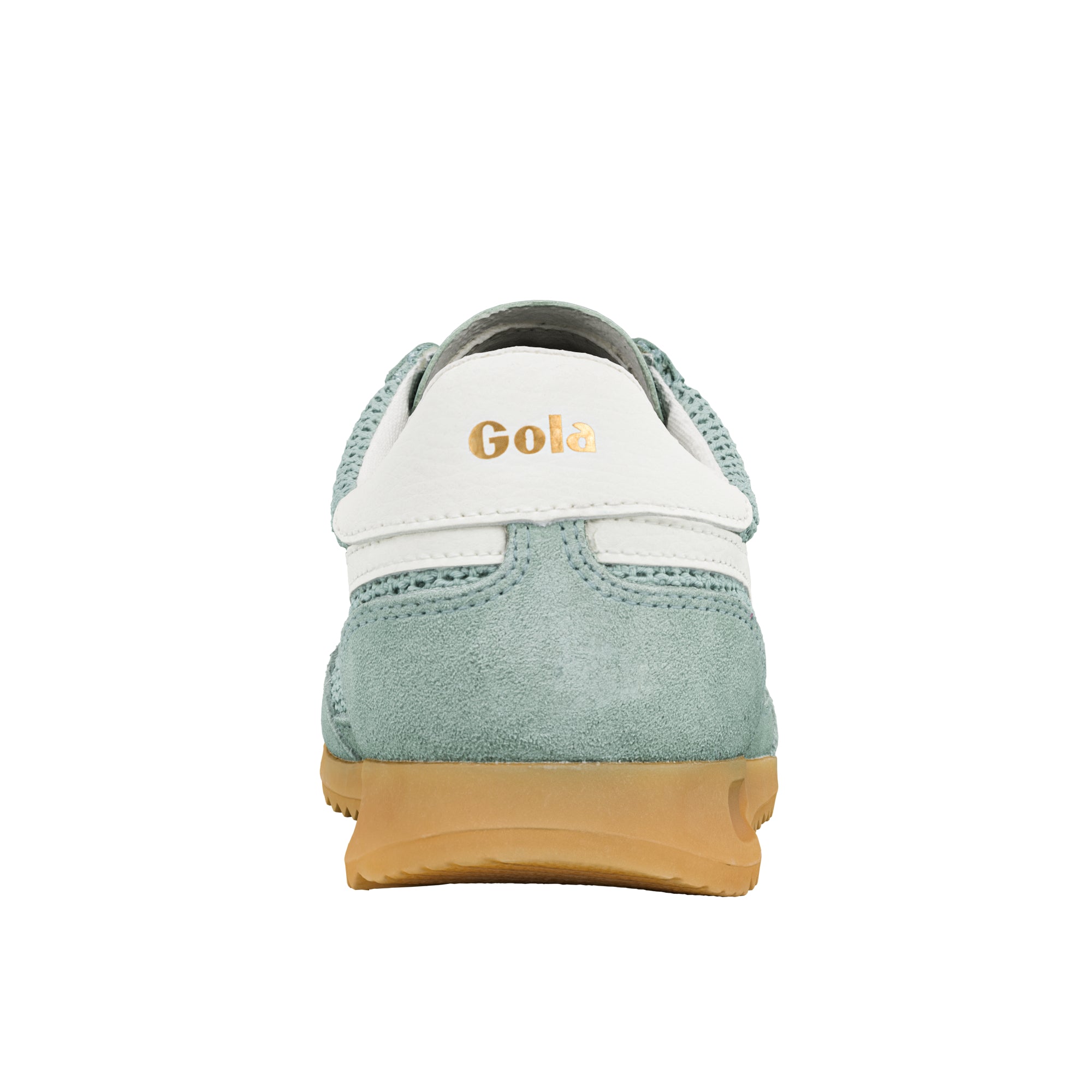 Rear view of a sage green suede trainer with a white heel tab and gum sole