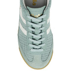 Top view of a light blue Gola trainer with white side stripes and a gum sole
