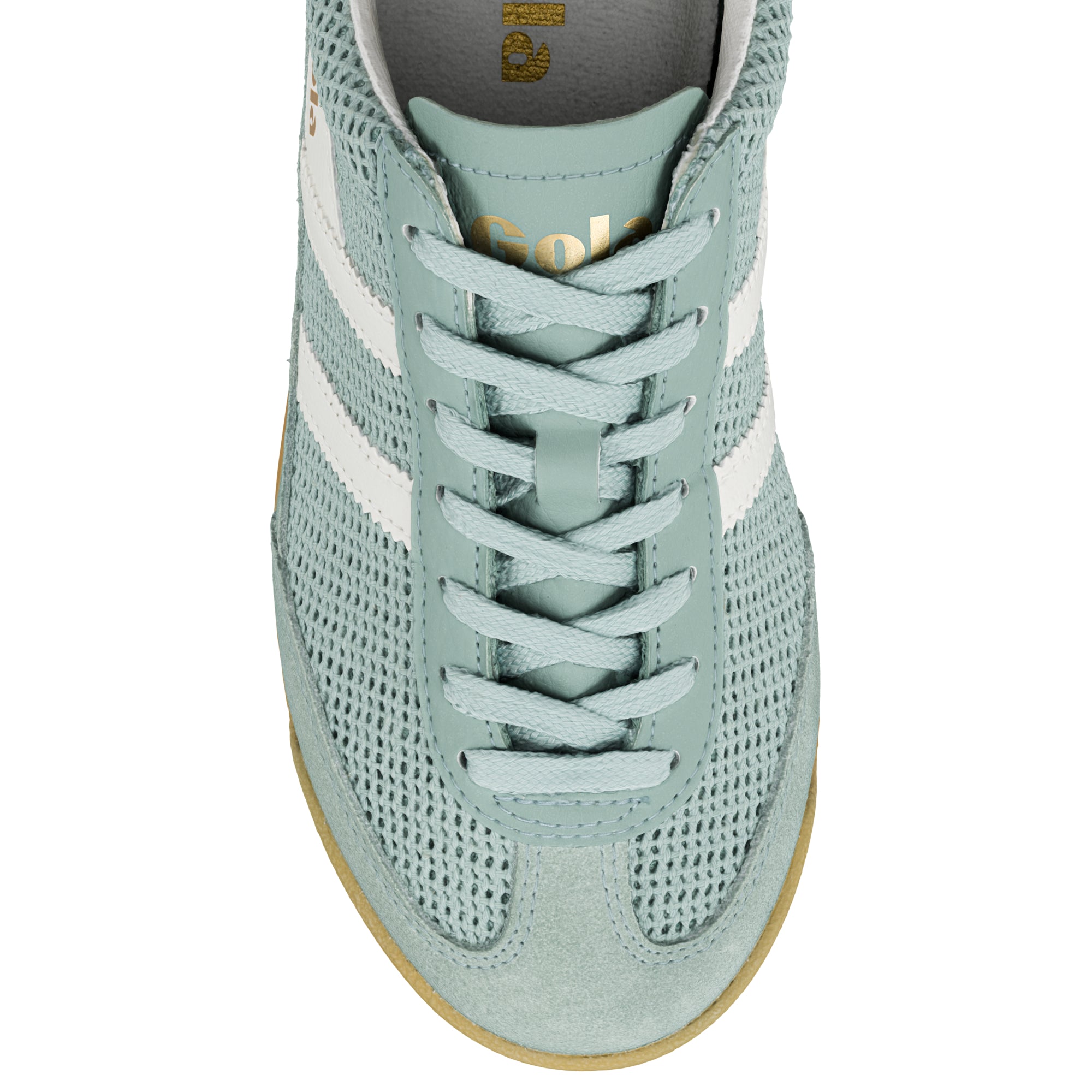 Top view of a light blue Gola trainer with white side stripes and a gum sole