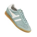 Sage green Gola trainer with white side stripes and a gum rubber sole