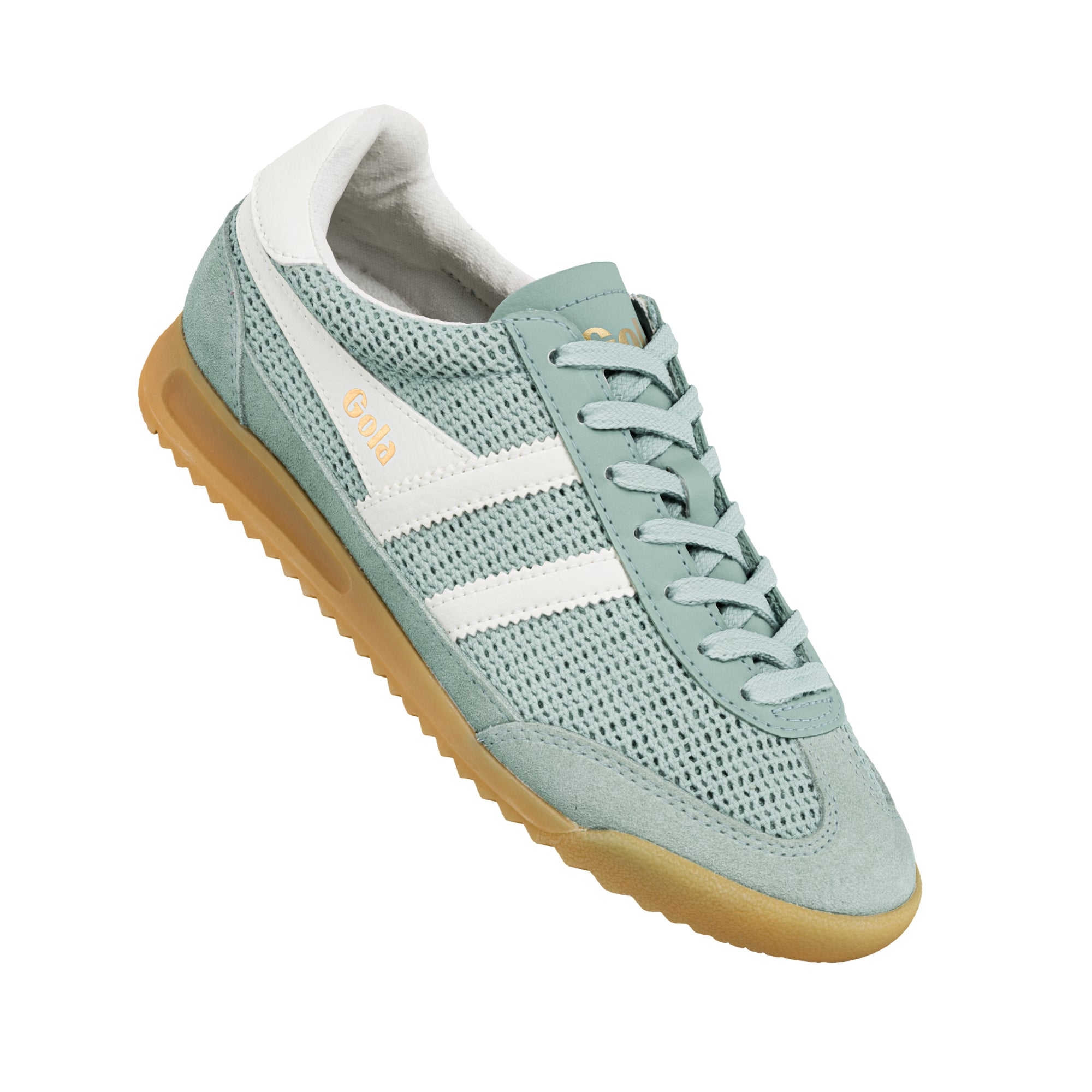 Sage green Gola trainer with white side stripes and a gum rubber sole