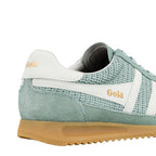 Close up of sage green and white Gola trainer with gum sole