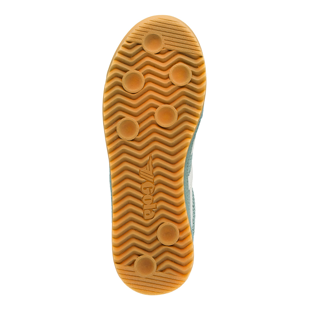 Gum rubber trainer sole with wavy tread pattern and Gola logo