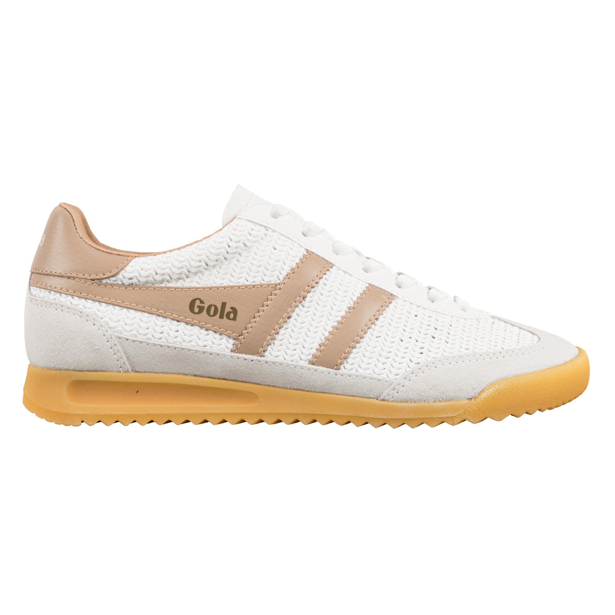 White knitted Gola trainer with beige leather trim and gum rubber sole