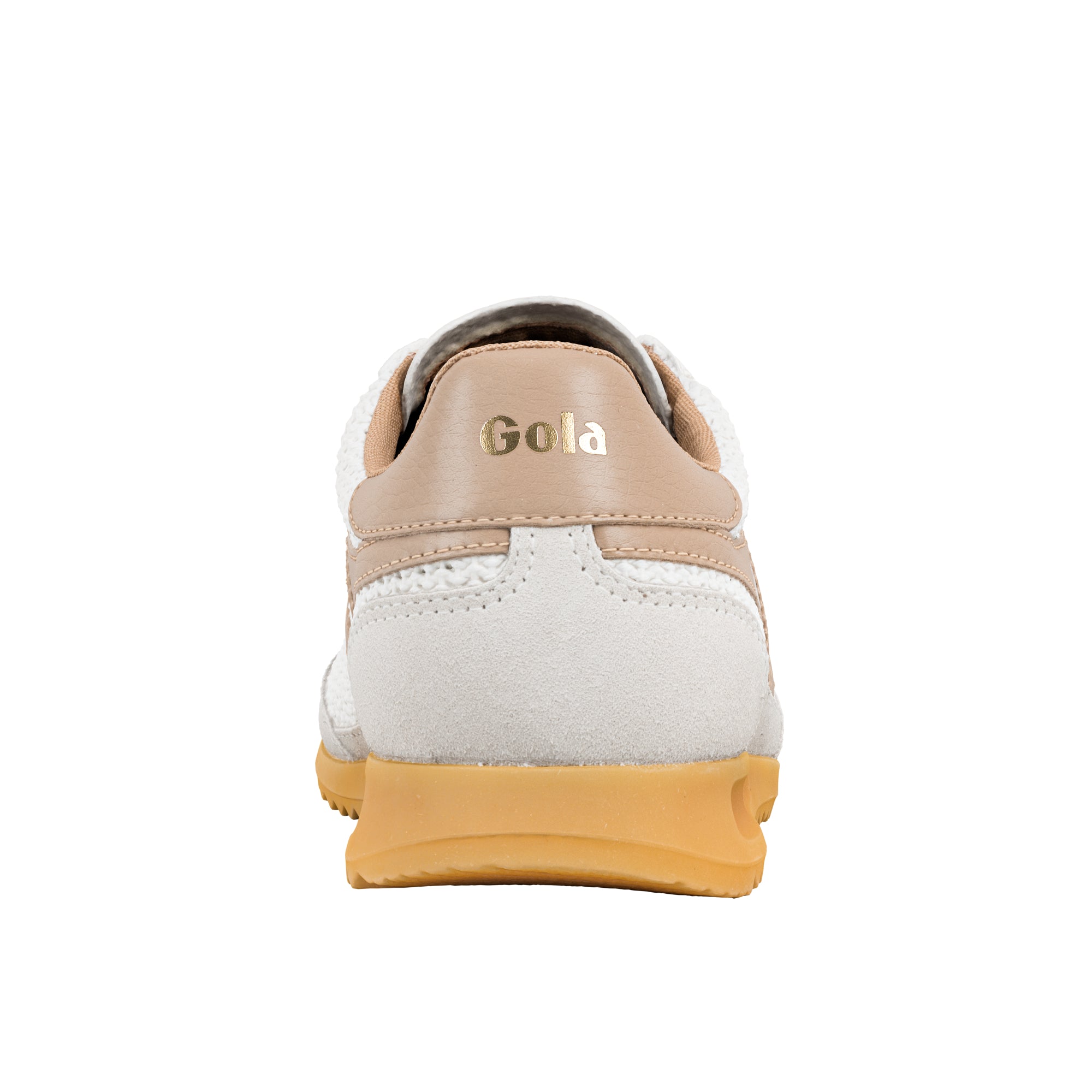 Rear view of a white and beige Gola trainer with a gum sole
