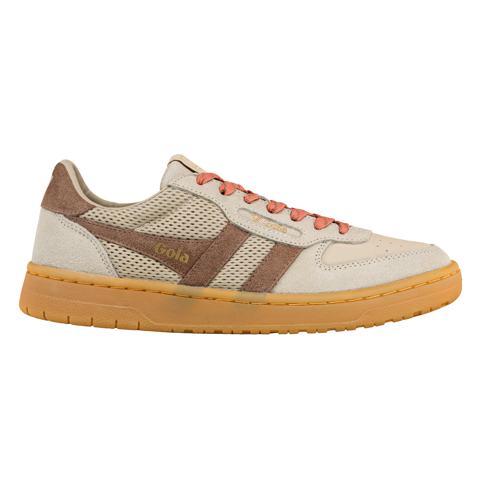 Beige and brown Gola trainer with a gum sole and orange laces