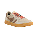 Beige and brown Gola trainer with orange laces and a gum sole