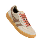 Beige and brown Gola trainer with a gum sole and patterned laces