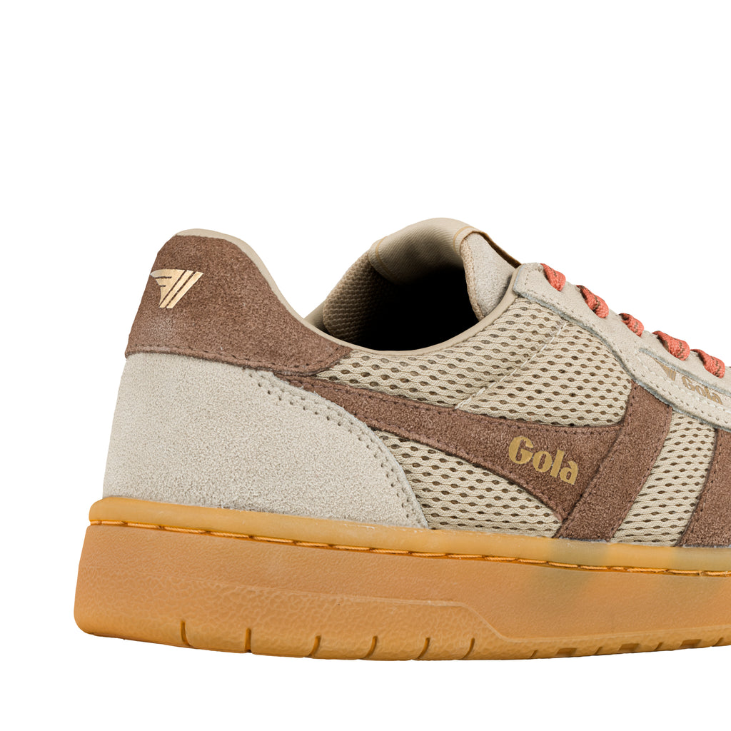 Close up of beige and brown Gola trainer heel with gum sole