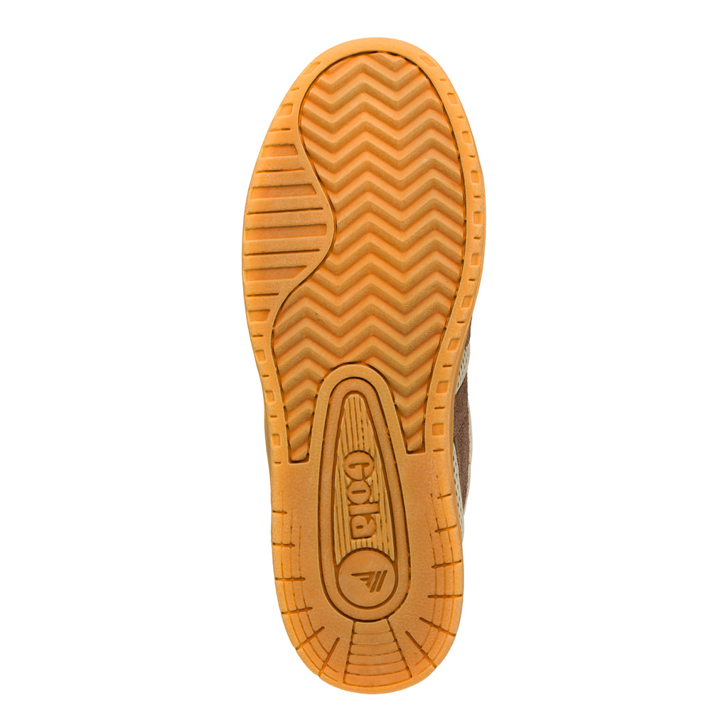 Gum rubber trainer sole with chevron tread pattern and Gola branding