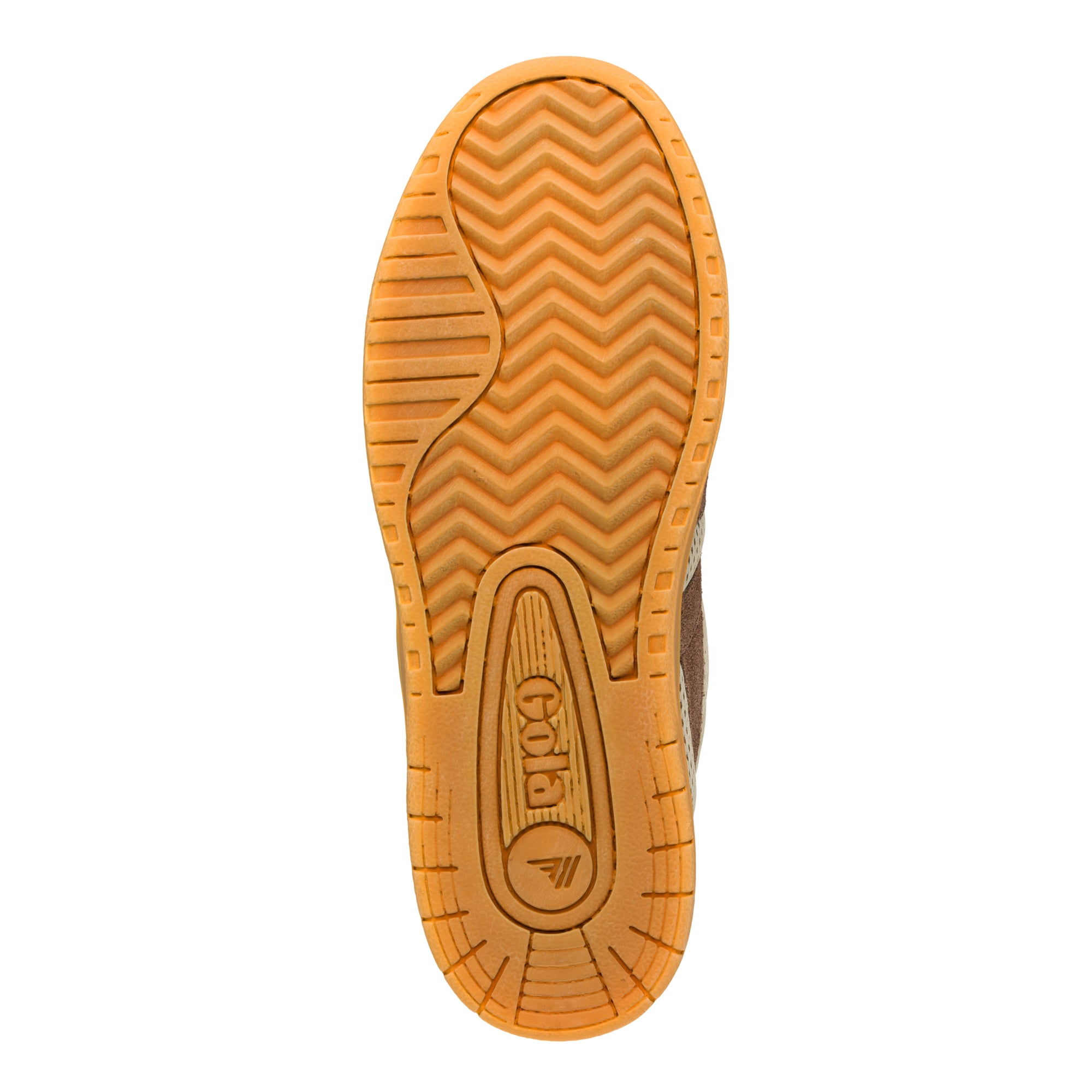 Gum rubber trainer sole with chevron tread pattern and Gola branding