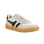 Beige and white Gola trainer with navy side stripes and a gum rubber sole