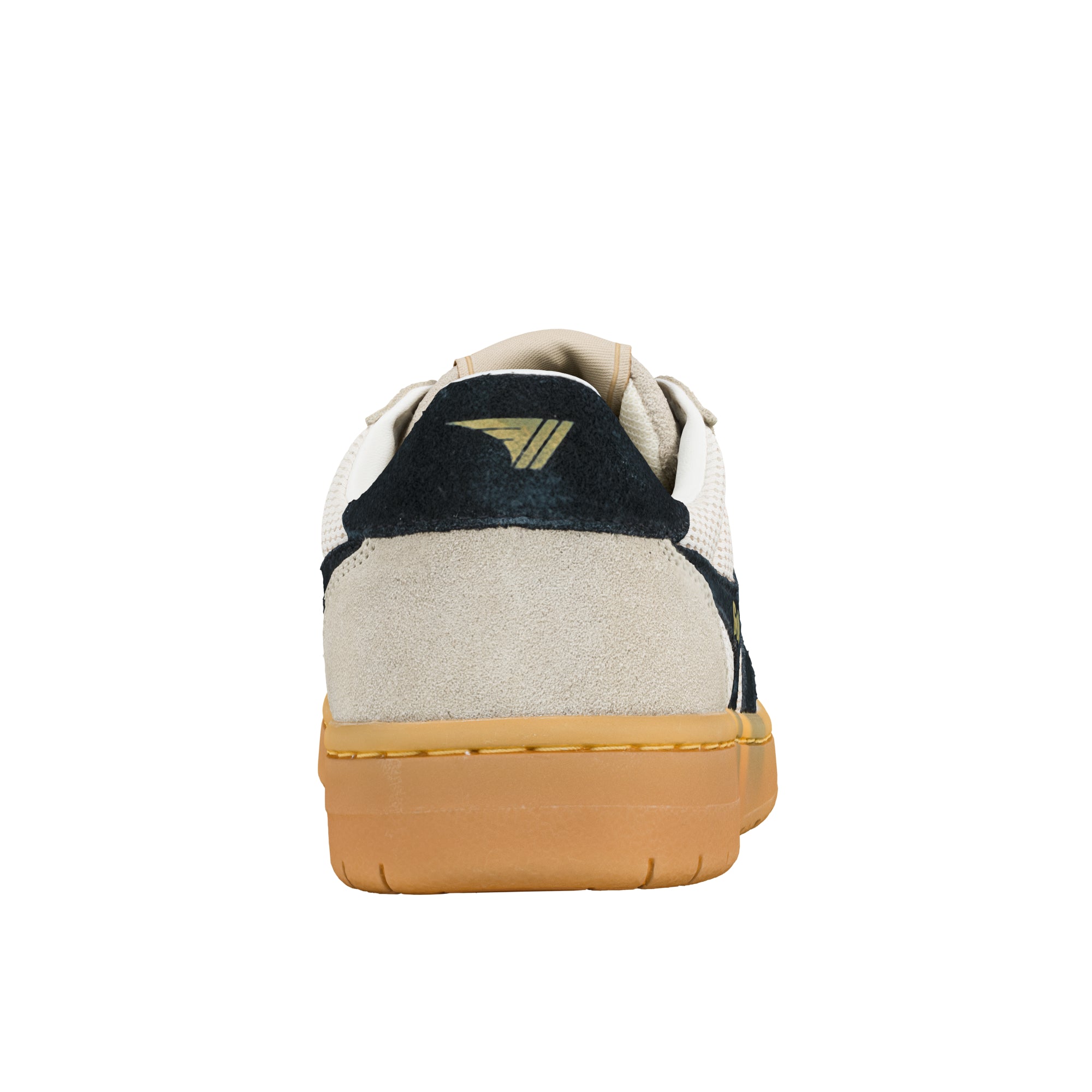 Rear view of a beige and navy suede trainer with a gum rubber sole