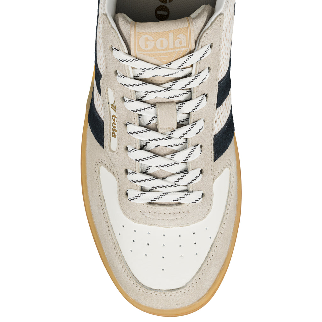 Top view of a cream and white Gola trainer with black side stripes and gum sole