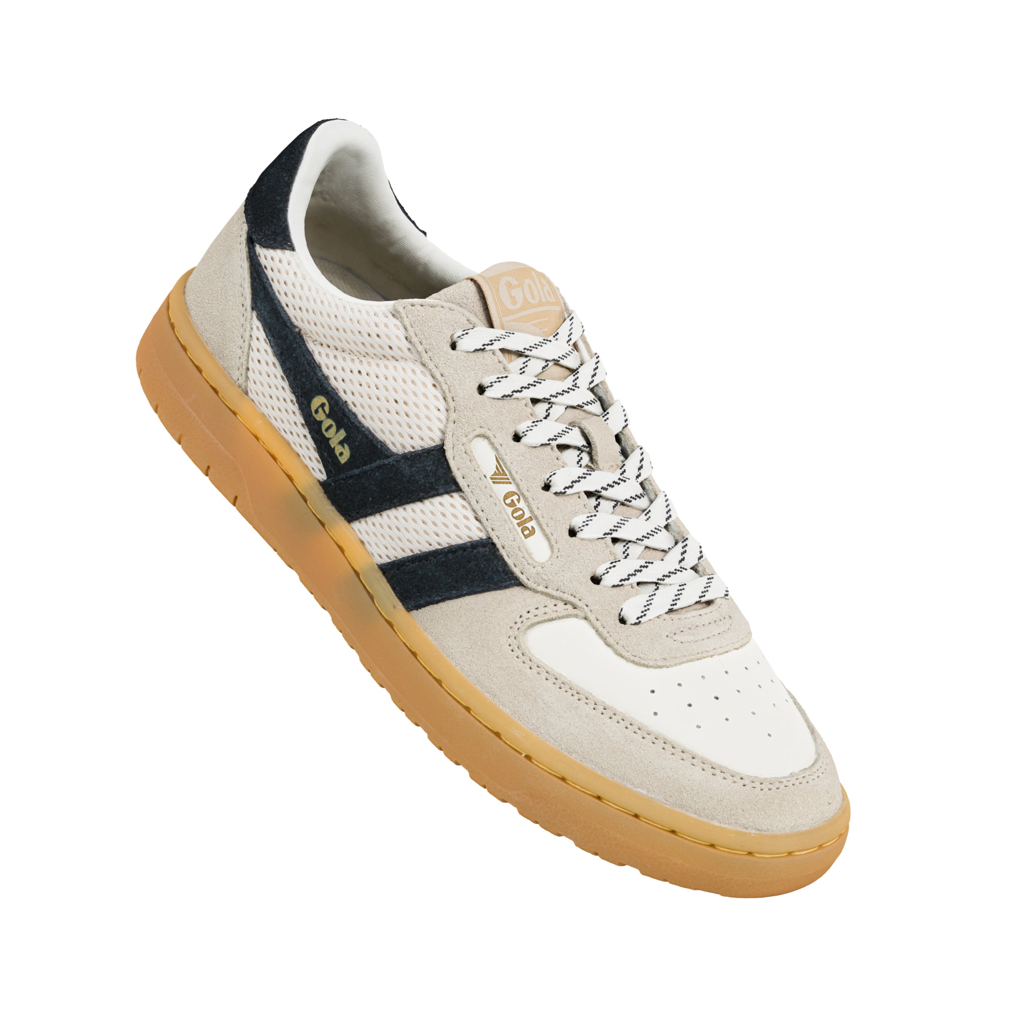 Off white and navy Gola trainer with a gum sole