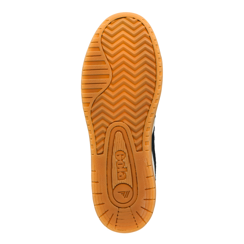 Gum rubber trainer sole with chevron tread pattern and Gola branding