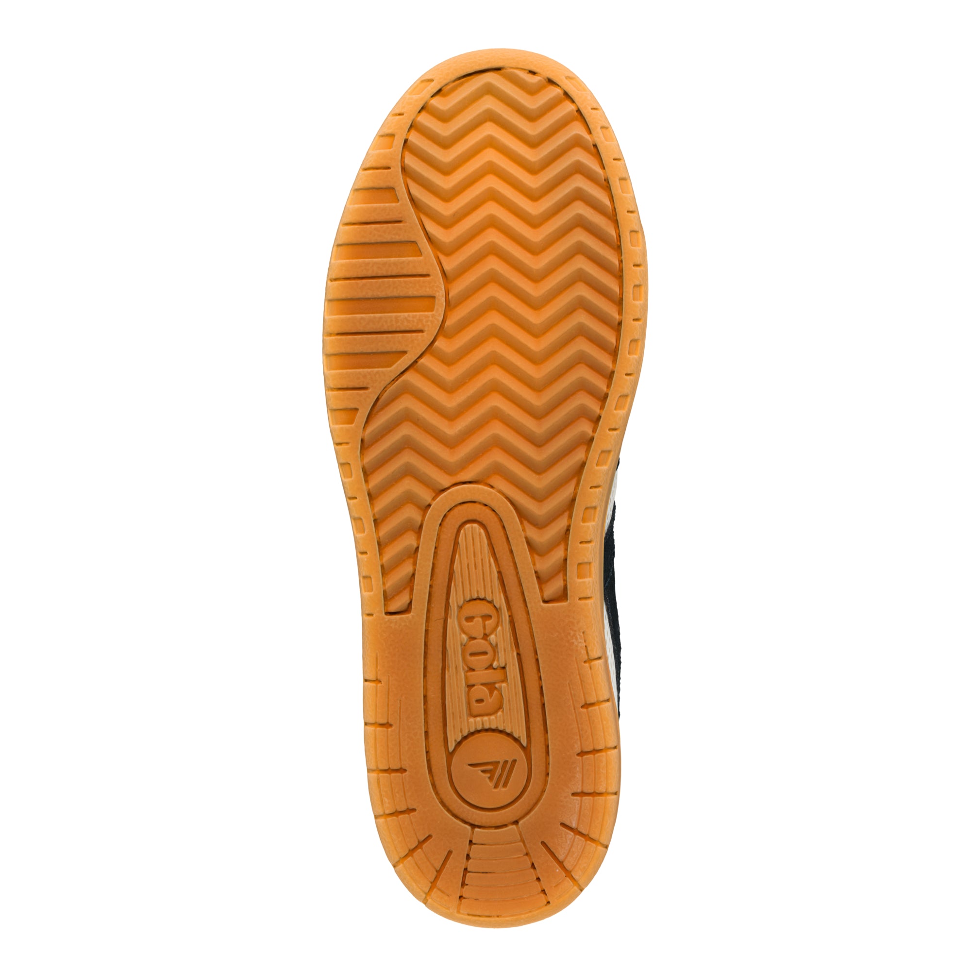 Gum rubber trainer sole with chevron tread pattern and Gola branding