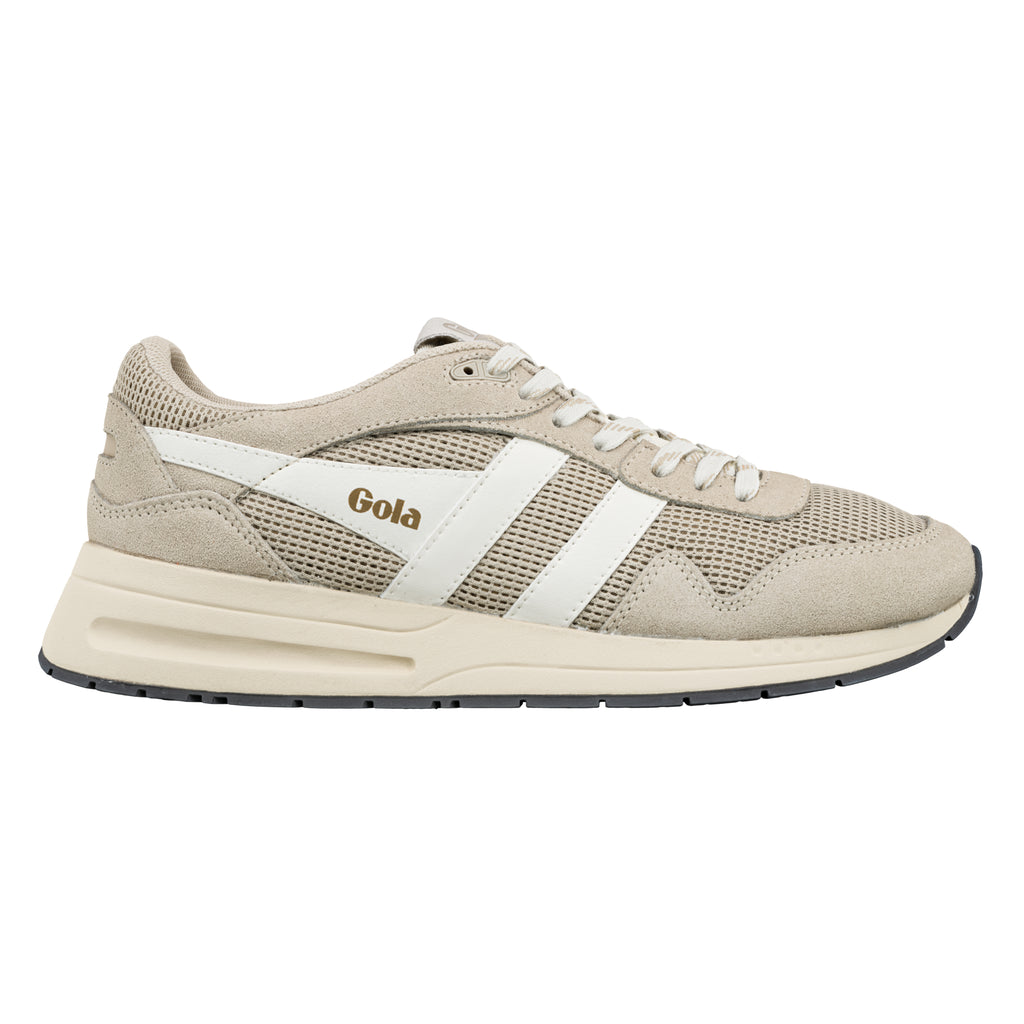 Beige Gola trainer with white side stripes and mesh panels
