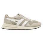 Beige Gola trainer with white side stripes and mesh panels