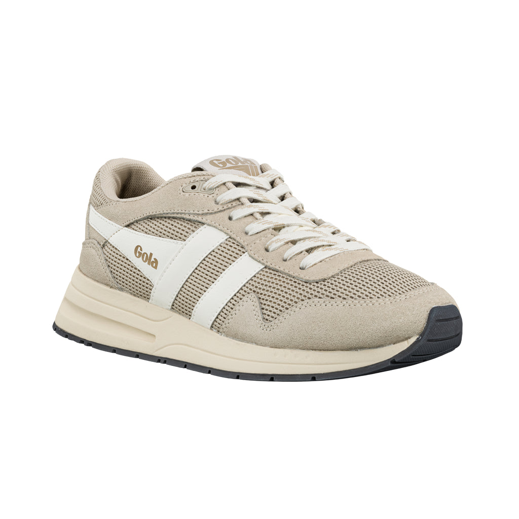 Beige and white Gola trainer with mesh and suede upper and white laces