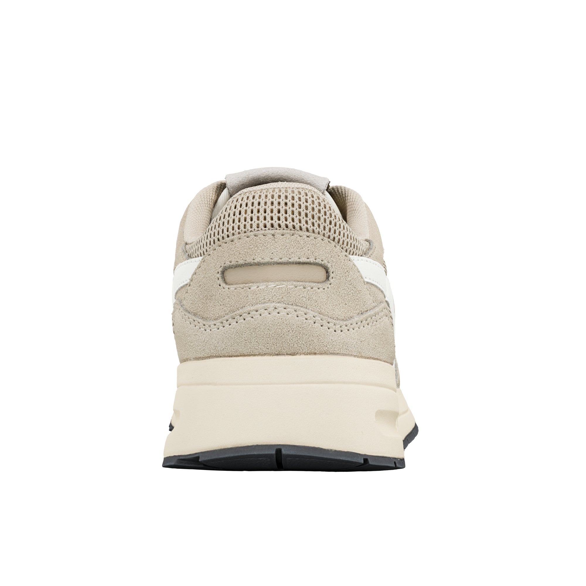Rear view of a beige suede trainer with a cream midsole and black rubber outsole