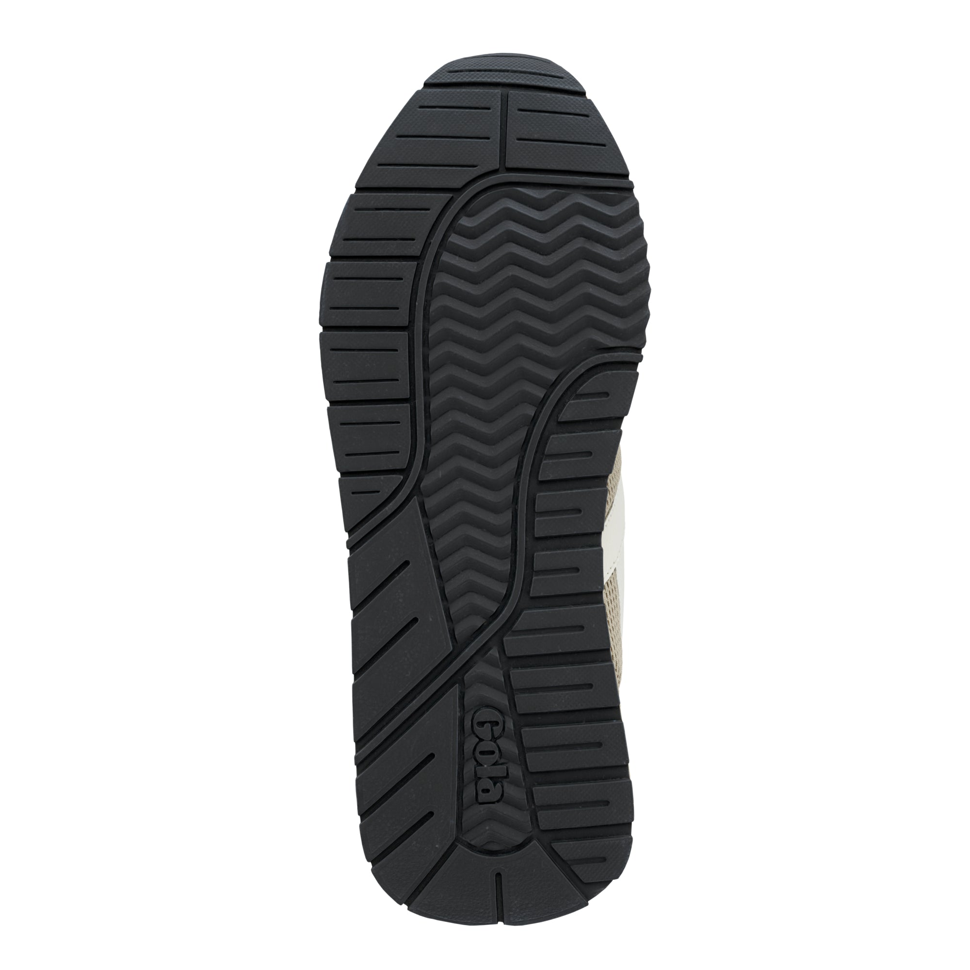 Black rubber trainer sole with textured tread pattern and Gola branding