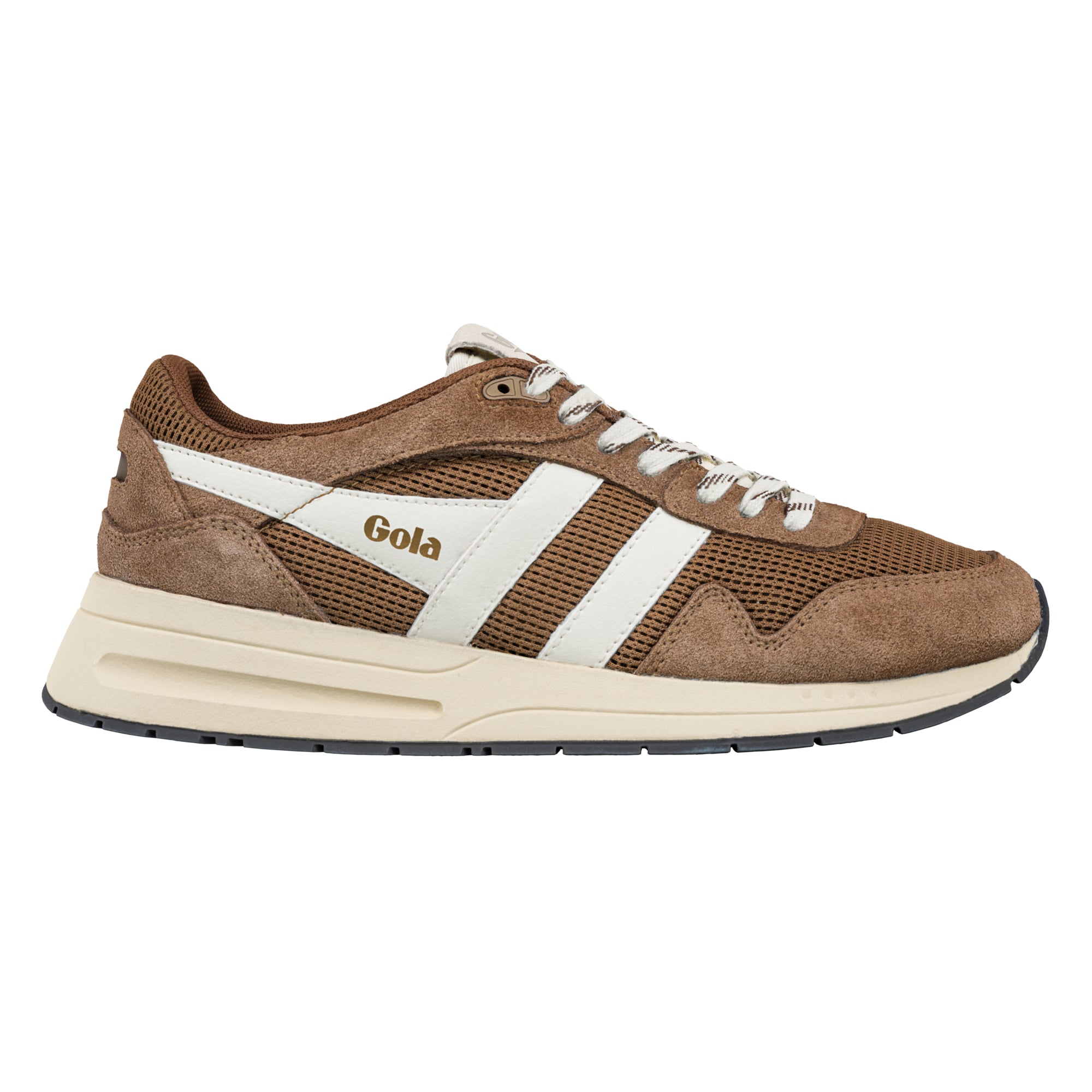 Brown suede and mesh Gola trainer with white side stripes and cream sole