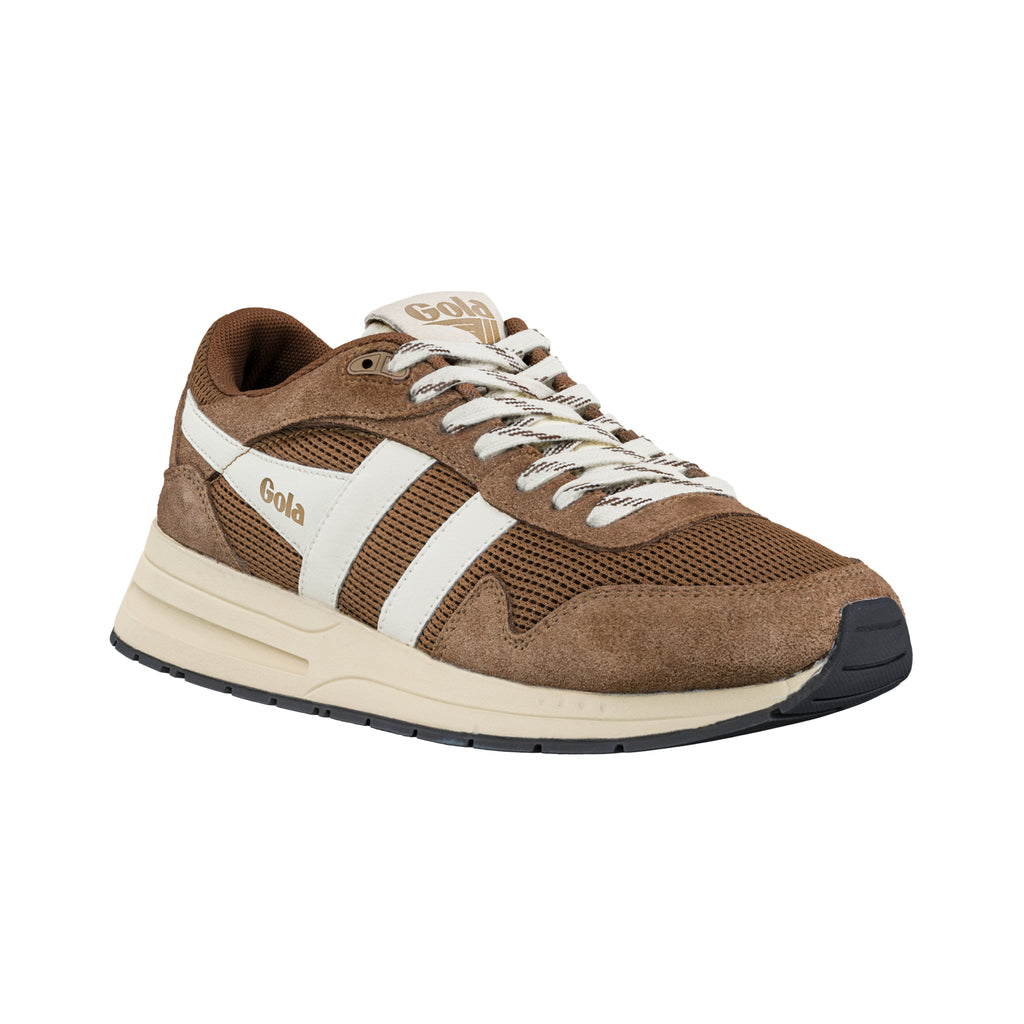 Brown and white Gola trainer with suede and mesh upper and cream midsole