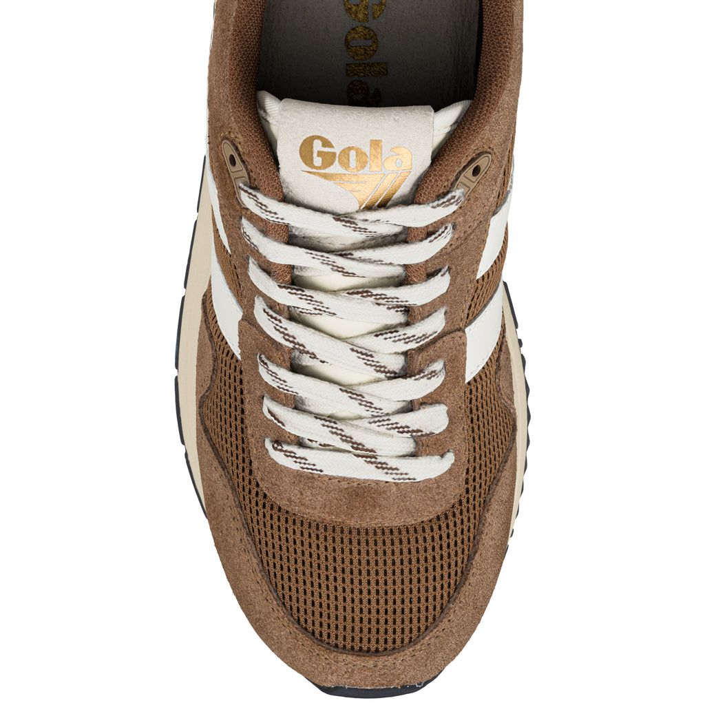 Top view of a brown and white Gola trainer with mesh panelling and white laces